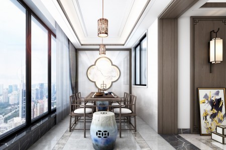 李女士新中式風(fēng)格入戶陽臺、主臥效果圖